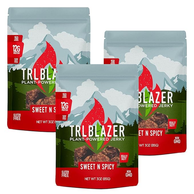 TrlBlazer Plant Powered Vegan Jerky – High Protein All Natural Vegan Meat Snack – 12g Plant-Based Protein – Soy-Free Gluten Free Non-GMO – 3 Pack – 3 oz Bags (9 Ounce Sweet &amp Spicy)