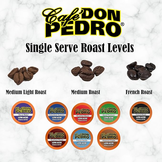 Cafe Don Pedro French Roast Low Acid Coffee Pods - Compatible with Keurig K-cup Coffee Maker Dark Roast 100% Arabica Battles Heartburn Acidic Reflux (72)
