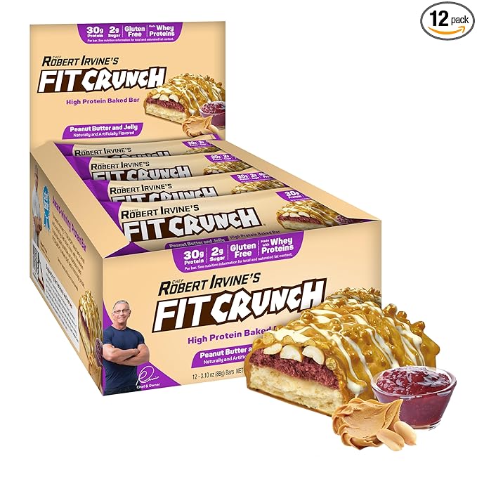 FITCRUNCH Full Size Protein Bars 6-Layer Baked Bar 2g of Sugar Gluten Free &amp Soft Cake Core (12 Bars Peanut Butter and Jelly)