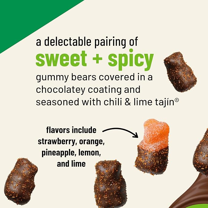 Snak Club Tajin Chocolatey Gummy Bears Assorted Chocolate Covered Fruit Candy Gummies with Chili and Lime Seasoning Mild Gluten-Free Snacks 2 oz Snack Bags 12 Pack