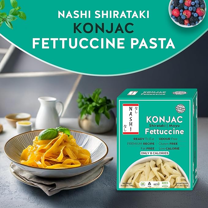 Nashi Shirataki Konjac Fettuccine Noodles - Pack of 8 | Glucomannan Premium Recipe Keto-Friendly | Low-Calorie Zero-Carb Vegan &amp Gluten-Free Odour-Free High Fiber | Ready-to-Eat Food | 53.61