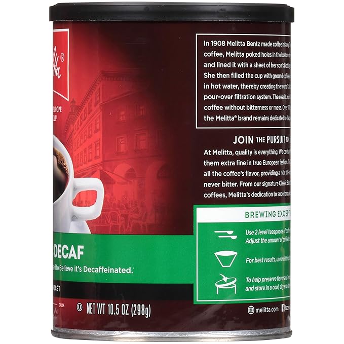 Melitta Classic Decaf Coffee Medium Roast Extra Fine Grind 10.5 Ounce Can (Pack of 6) 63 Ounces Total