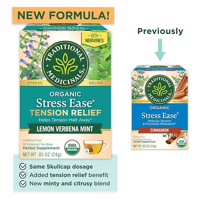 Traditional Medicinals Organic Stress Ease Tension Relief Tea Lemon Verbena Mint 96 Count (Pack of 6)