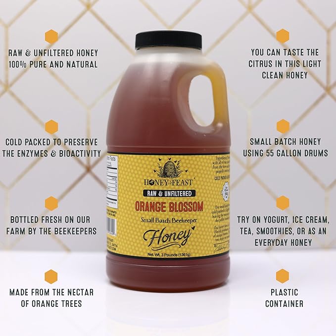 HONEY FEAST Raw Orange Blossom Honey 3 Pounds (Pack of 4) Unfiltered &amp Pure – Fresh Florida Superfood from American Organic Floral Sources