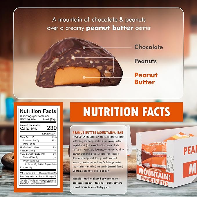 Almond Roca Case of 15 Peanut Butter Mountain Bars - 1.6oz Individually Wrapped Chocolate Candy Bars - Chocolate Candy with Peanuts and Creamy Center