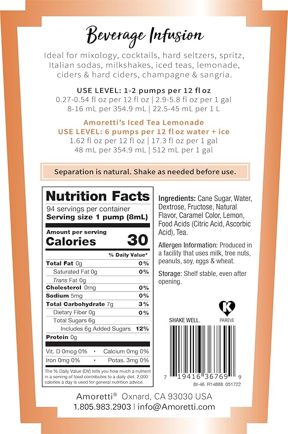 Amoretti - Iced Tea Lemonade Beverage Infusion Drink Mix &amp Water Enhancer with Pump for Flavoring Cocktails Waters Tea and other Beverages 94 Servings Per Bottle (750 ml) Preservative Free