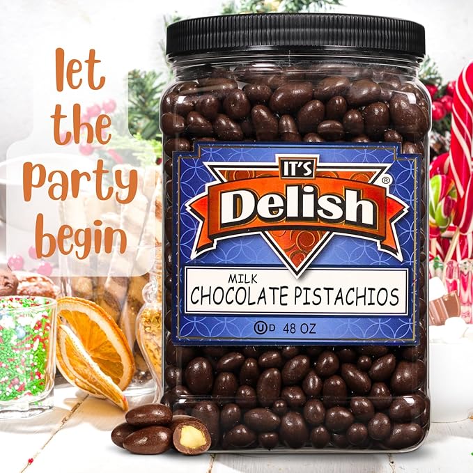 Milk Chocolate Covered Pistachios by It's Delish 48 OZ Jumbo Container | Milk Chocolate Coated Dipped Candy Nuts Bulk Pistachio Chocolates Sweet &amp Crunchy Nut Snack | Kosher Dairy