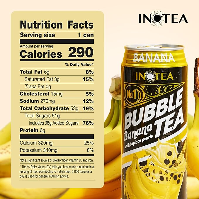 Inotea Bubble Tea with Tapioca Pearls - Delicious Instant Boba Tea - Ready-to-Drink Black Milk Tea - Comes in Large 16.6 oz Cans - Enjoy Real Boba Without the Long Lines - Banana - 12 pack