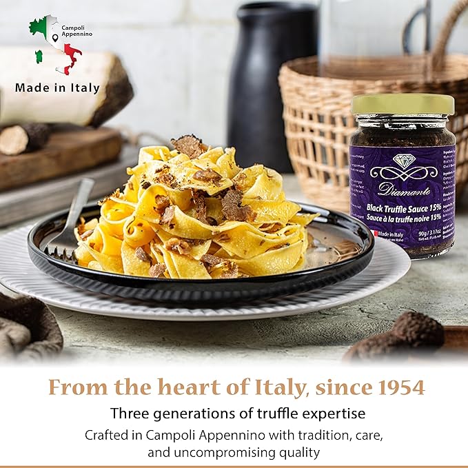 Diamante Italy Black Truffle Sauce with High 15% Black Truffle Content - Authentic Italian Gourmet Black Truffle &amp Mushroom Sauce - Non GMO Vegan &amp Made in Italy - 90g