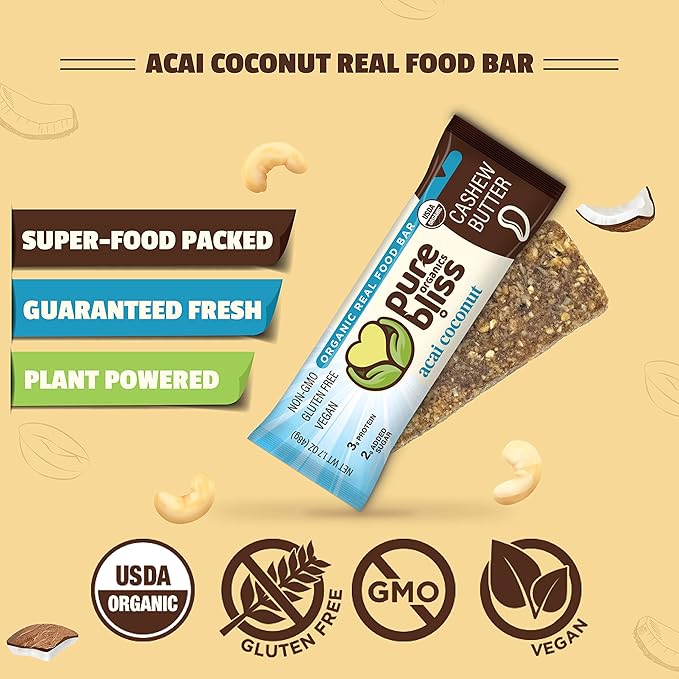 Organic Real Food Bar (Acai Coconut) Non-GMO Gluten Free Vegan Nutrition Bars Energy Bars Super Food Simple Ingredients Best Tasting Healthy Snack Breakfast Bars Dairy Free Soy Free Pure Bl
