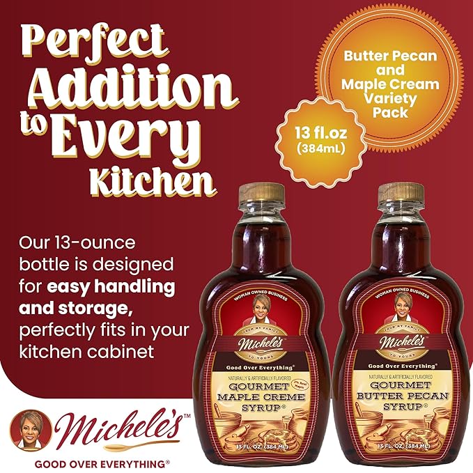 Michele’s Syrup Variety pack – Maple Crème Butter Pecan Syrup | Flavoring Syrup for Pancakes and Waffles Ice Cream – Condiment for Salmon Pork and Beef – Great Breakfast Food Gift