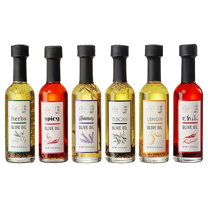 Kiri &amp Sons Olive Oil Gourmet Sampler Gift Set of 6 - Premium Extra-Virgin Blend Olive Oil Made In Spain Natural Flavors Include Herbs Chili Spice Rosemary Tuscan &amp Lemon - Gifts for Her