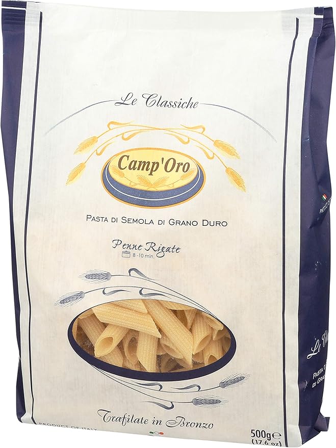 Camp'Oro Le Classiche: Authentic Bronze Die Cut Penne Rigate Italian Pasta - 17.6 Ounce (Pack of 12)