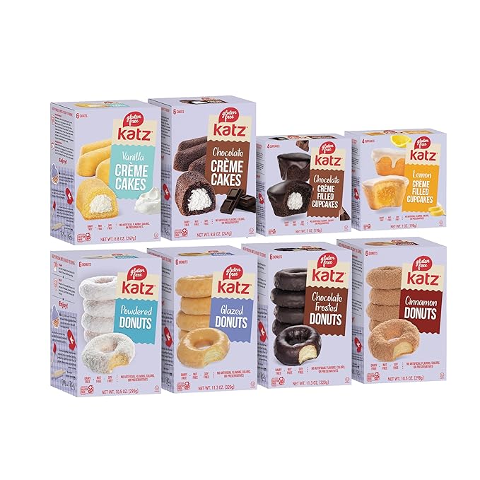 Katz Gluten Free 8pk. 2 Flavors Crème Cakes 2 Flavors Crème Cupcakes 4 Flavors Donuts. Free of Gluten Dairy Tree Nuts Peanuts Sesame and Soy. Kosher.