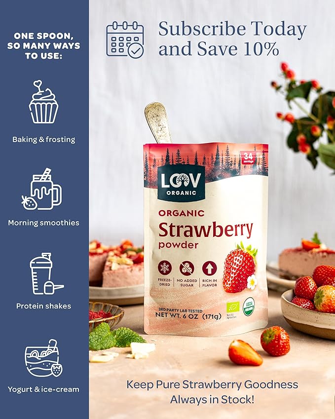 LOOV Organic Freeze Dried Strawberry Powder - 29-Day Supply 6 Oz Good for Smoothie Baking &amp Seasoning Freeze-Dried &amp Processed in Certified Facilities No Added Sugar