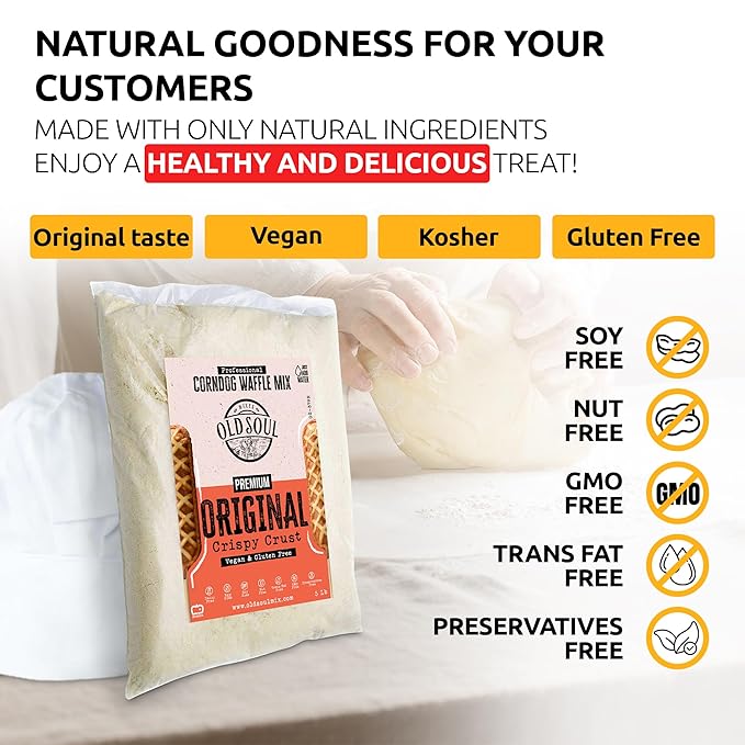 OldSoul Professional Corndog Waffle Mix | GLUTEN FREE &amp VEGAN | Original Flavour | 5 Lbs | 140 Waffles (5 Lbs Gluten Free &amp Vegan)