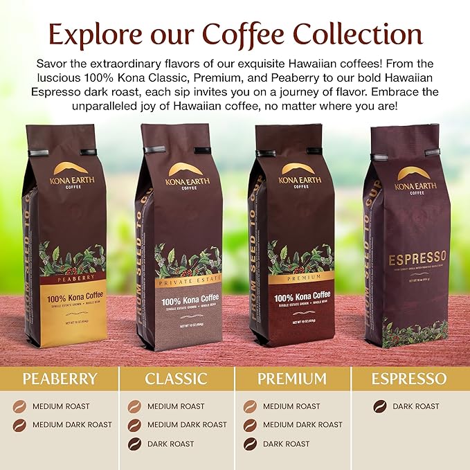 KONA EARTH 100% Kona Premium Coffee Medium Dark Roast Whole Bean 5 lb (80 oz) Farm-Direct Authentic Hawaiian Kona Coffee beans from Hawaii’s Big Island Micro-Batch-Roasted