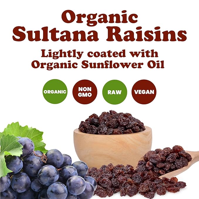 Food to Live Organic Sultana Raisins 5 Pounds - Non-GMO Unsweetened Unsulfured Lightly Coated with Organic Sunflower Oil Vegan Paleo Friendly Bulk. No Sugar Added. Vitis Vinifera Linne