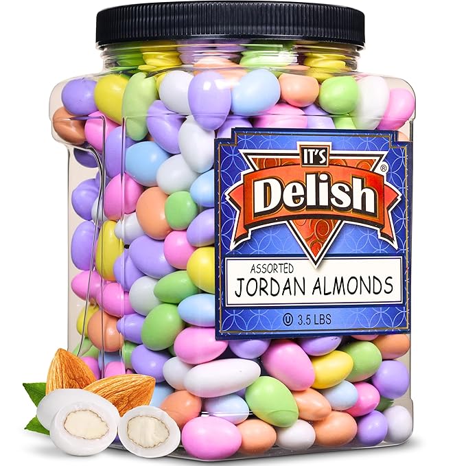 Assorted Jordan Almonds Pastel Colors by Its Delish 3.5 lbs Jumbo Container | Easter Candy Sweet Hard Sugared Almond Nut - Wedding Favors Bridal Baby Showers Party Confetti Candies - Vegan Kosher
