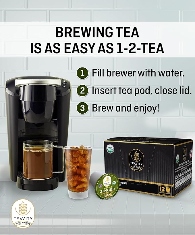 Green Tea &amp Ginger Tea Pods for Keurig - Caffeinated Organic Dye Free Unsweetened Herbal Blend for K Cup Machines - Hot or Iced (24 Tea Pods)
