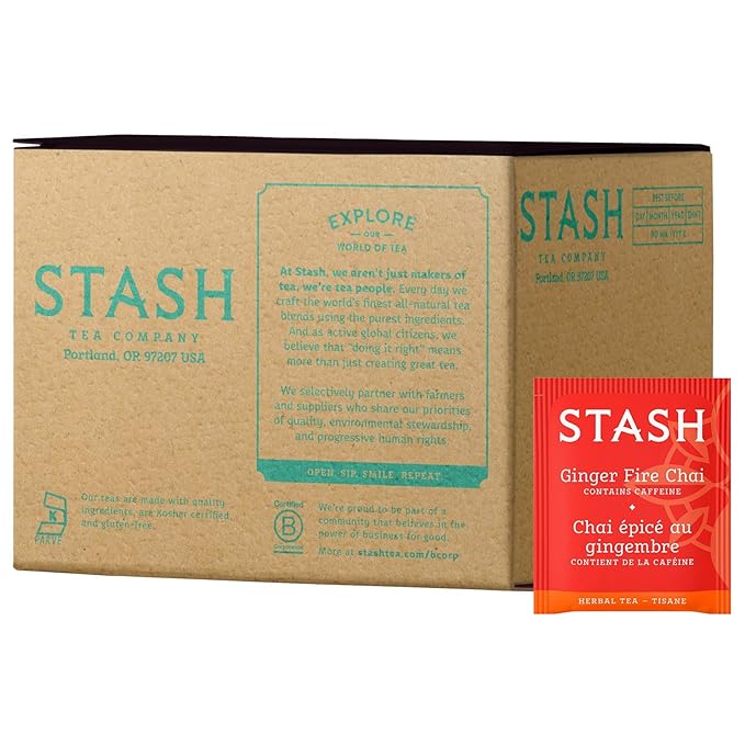Stash Tea Ginger Fire Chai Herbal Tea - Caffeinated Non-GMO Project Verified Premium Tea with No Artificial Ingredients 100 Count (BULK PACKAGING)