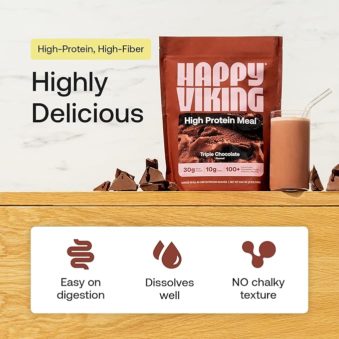 Happy Viking Plant-Based Protein Powder +100 Superfoods Chocolate Meal Replacement Shake Created by Venus Williams 30g Plant Protein 10g Fiber Vegan Gluten-Free Non-GMO 15 Meals