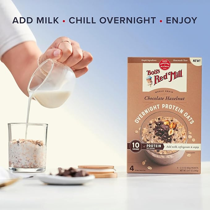 Bob's Red Mill Overnight Protein Oat Packets Chocolate Hazelnut (4 Boxes/4 Packets per Box) Non-GMO Gluten Free Whole Grain