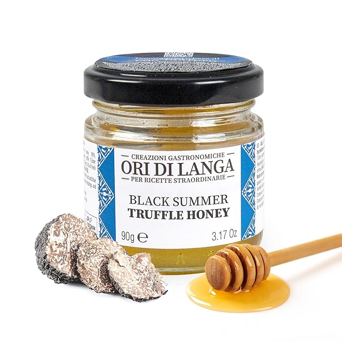 Ori di Langa Black Truffle Honey - Gourmet Flavored Honey Infused with Black Summer Truffles Foraged in Italy Luxurious All Natural Sauce for Foodies Non-GMO - 3.17 oz