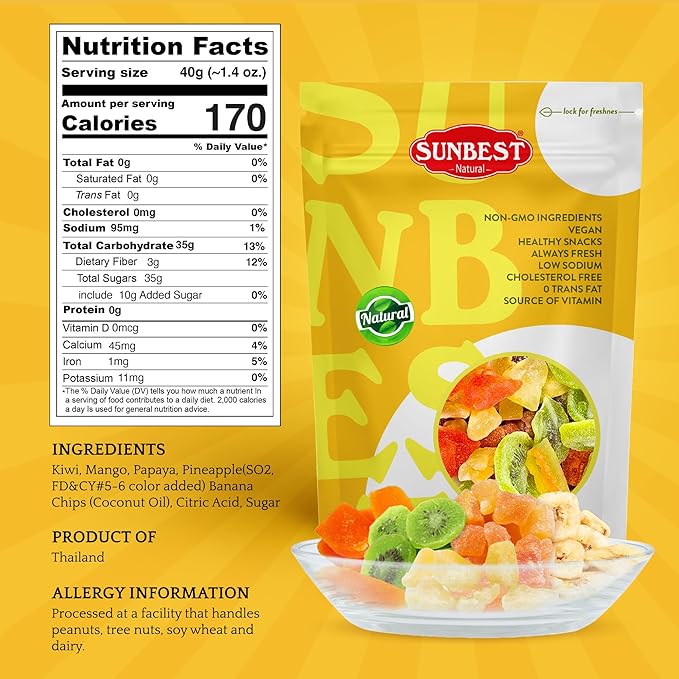 Sunbest Natural Tropical Dried Fruit Mix – 3 lb Bulk Bag (48 oz) – Mango Pineapple Papaya Banana &amp Kiwi – Non-GMO Vegan Gluten-Free – Healthy Dried Fruit Snacks Mixed Fruit for Baking &amp