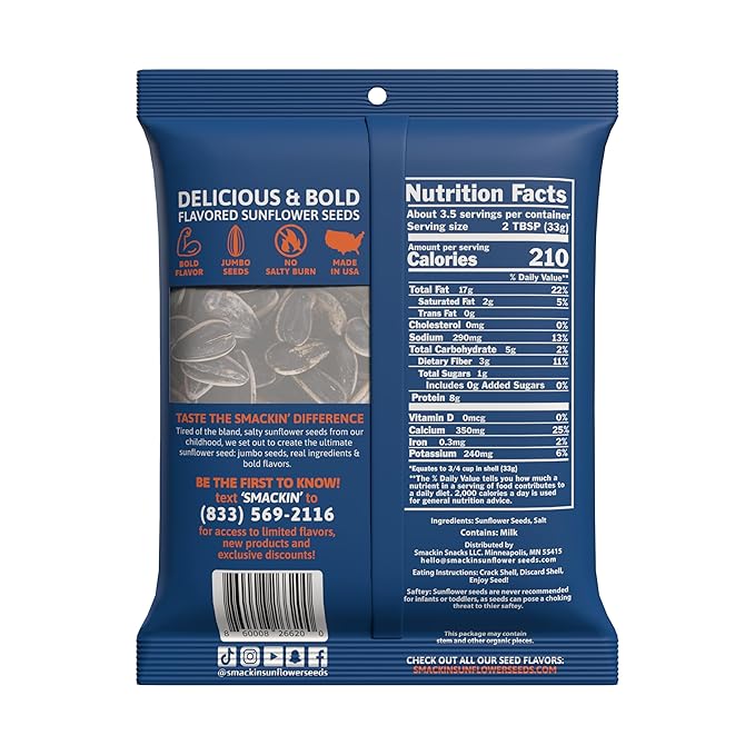 SMACKIN' - Jumbo Roasted Sunflower Seeds No Salty Burn American Made Easy Pour &amp Seal - Original 4oz bag (12 Bags)