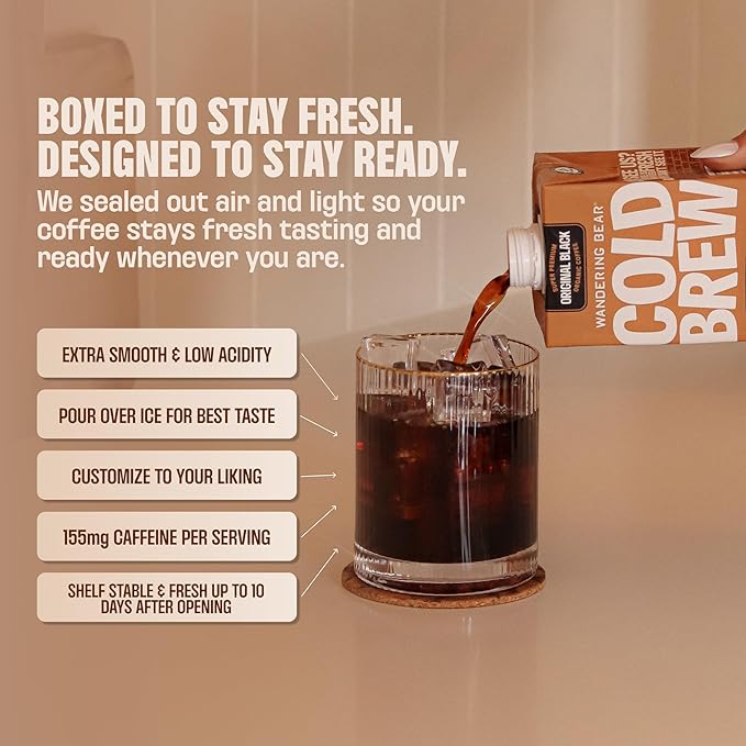 Wandering Bear Organic Caramel Cold Brew Coffee - Strong Bold Smooth Unsweetened Shelf-Stable Ready to Drink Gluten Free &amp Vegan Iced Cold Brewed Coffee Drink - 32 fl oz 6 pack