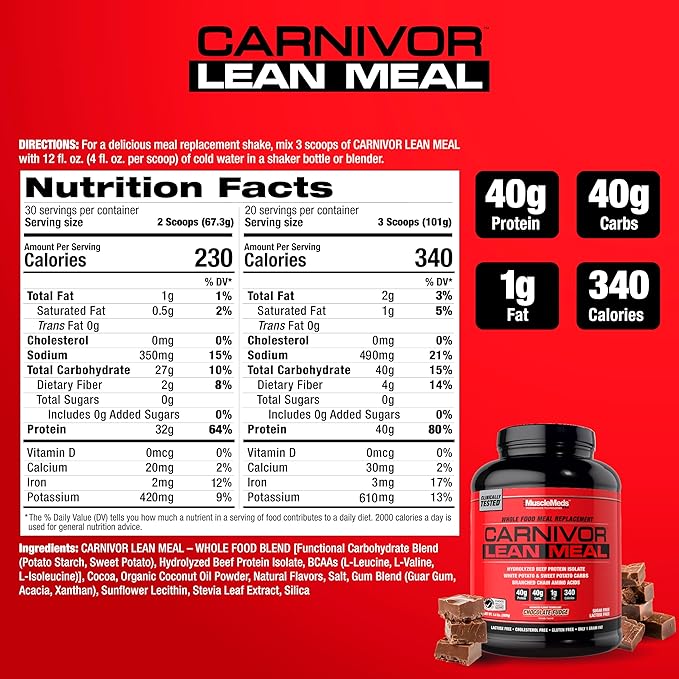 MuscleMeds CARNIVOR Lean Meal Whole Food Meal Replacement Shake MRE Beef Protein Isolate White Potato Sweet Potato 40g Protein 40 g Carbs Lactose Free Sugar Free Chocolate Fudge 20 Servings
