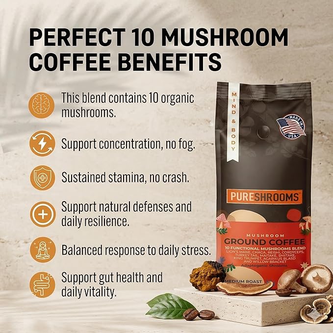 Mushroom Ground Coffee w/ 10 Organic Mushroom Extracts - King Trumpet Agaricus Blazei Willow Bracket Lion's Mane Chaga Reishi Cordyceps Turkey Tail Maitake Shiitake 340g (Perfect 10)