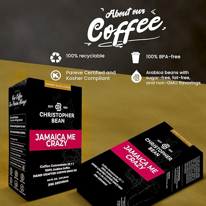 Christopher Bean Coffee - 396 servings 30 to 1 Blend Bag in Box Liquid Instant Coffee or Cold Brew Coffee Concentrate - Hot or Iced Coffee - Jamaica Me Crazy