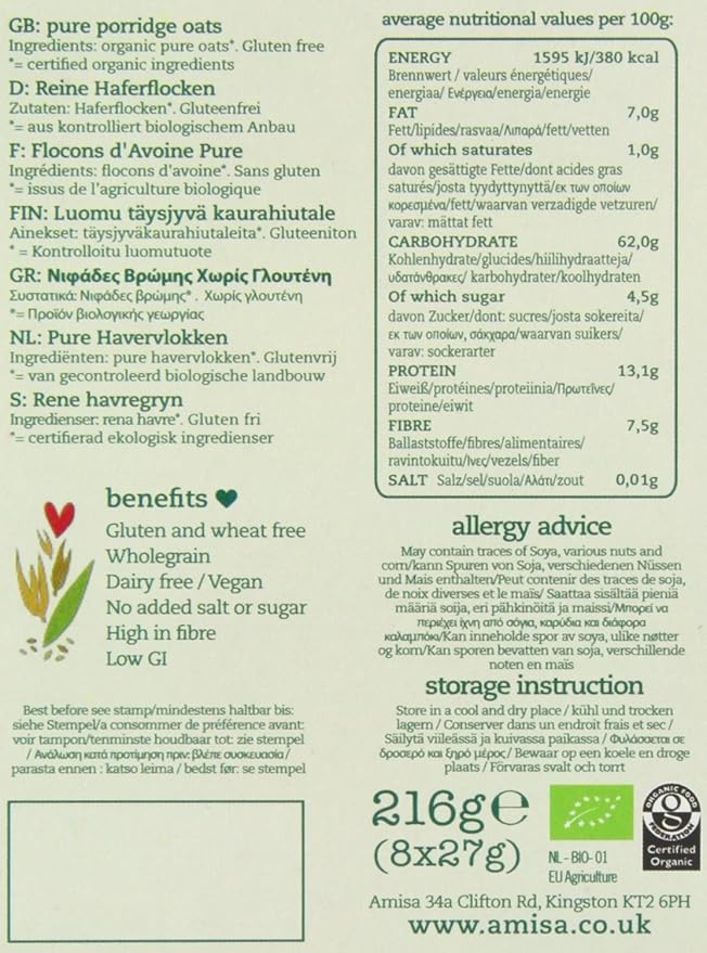 Amisa Express Pure Porridge Oats Sachets Gluten Free Organic 27 g (Pack of 4 Total 32 Sachets)