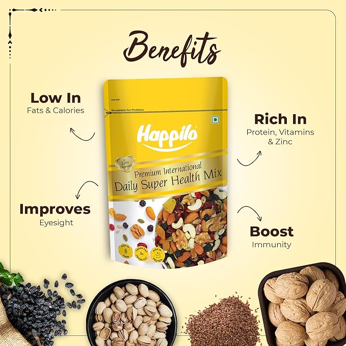 Happilo Premium International Daily Super Health Mix 160g | Premium SuperFood Mix of nuts seeds dry fruits &amp more | Perfect Party Mix Snack