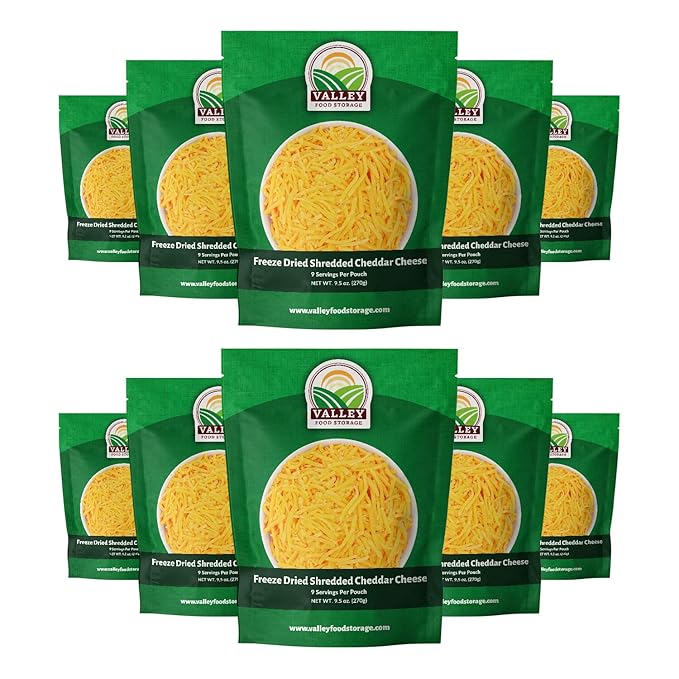 Valley Food Storage Freeze Dried Shredded Cheddar Cheese | 10-Bag Bucket 95 oz | Premium Emergency Food Supply 25 Year Shelf Life | Non-GMO Prepper Food for Cooking Camping &amp Long-Term Storage