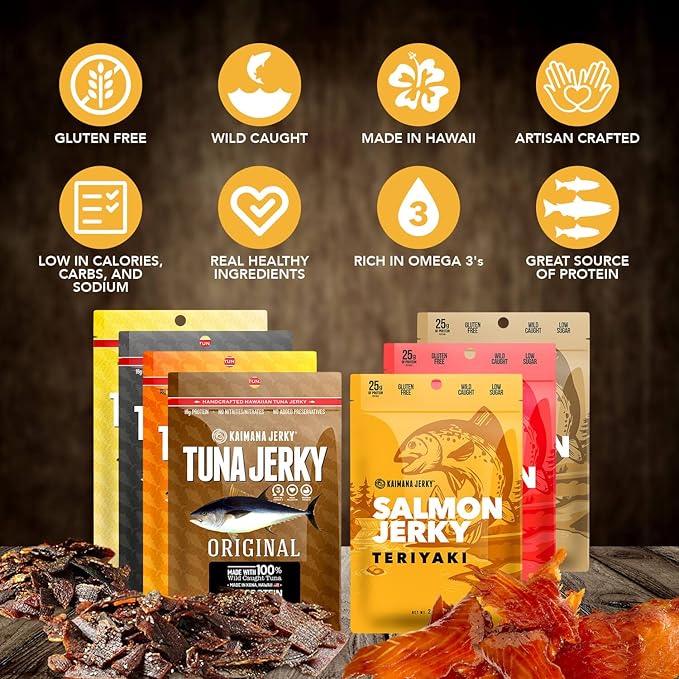 Kaimana Jerky Ahi Tuna &amp Salmon Sampler Pack - All Natural &amp Wild Caught Fish Jerky. Made in USA. 23g Protein Omega-3's and Low Sugar