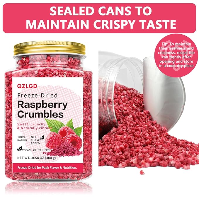 QZLGD Freeze Dried Raspberries Pieces 10.58oz/300g Frozen Raspberries Freeze Dried Fruit No Sugar Added for Garnishing Cocktails Cake Decoration Baking Sorbet