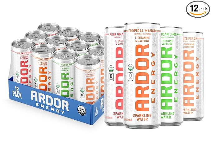 ARDOR ENERGY Sparkling Water with 100mg Natural Caffeine &amp 200mg L-Theanine from Organic Green Tea for Smooth Energy &amp Focus | Healthy Energy Drink | No Sugar Zero Calories Vegan Gluten-Fre