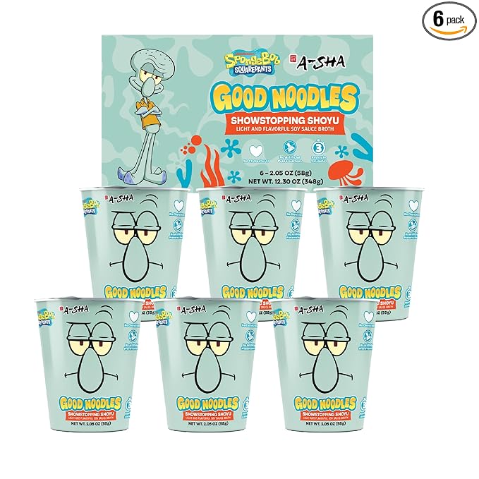 A-Sha &amp SpongeBob Squarepants Good Noodles (6 Pack) | Squidward Showstopping Shoyu Flavor | Better For You Microwaveable Ramen Soup Mix
