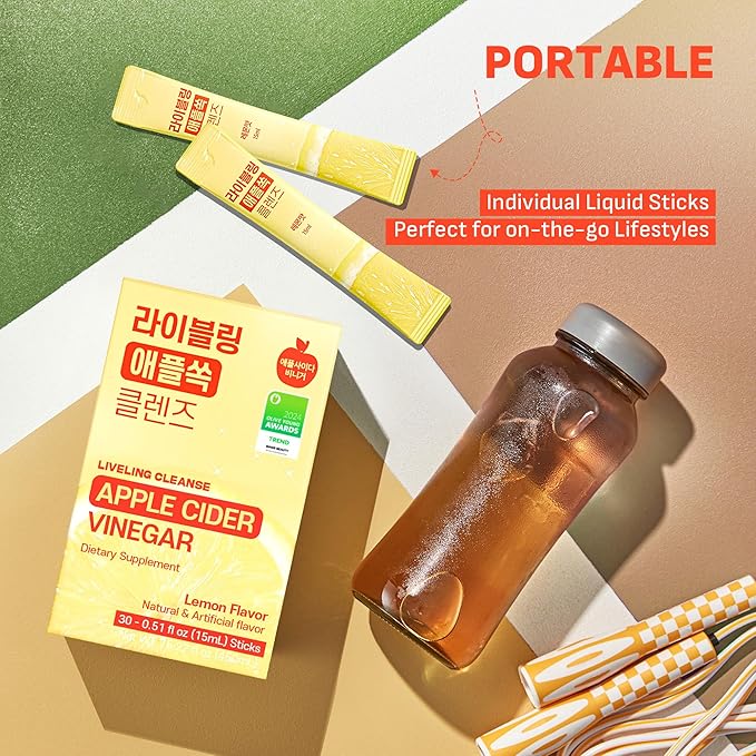 [Liveling] Apple Cider Vinegar Drink Stick with 7500mg ACV – Lemon Flavor | Supports Digestion Daily Cleanse Sugar-Free Low-Calories Portable On-The-Go Packets (30 sticks)