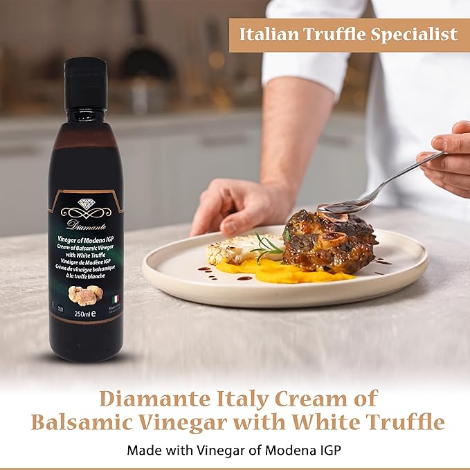 Diamante Italy Cream of Balsamic with White Truffle Vinegar of Modena IGP - Gourmet &amp Luxurious Vinegar for Dressing Dipping &amp Glazing - Non GMO &amp Made in Italy - 250ml
