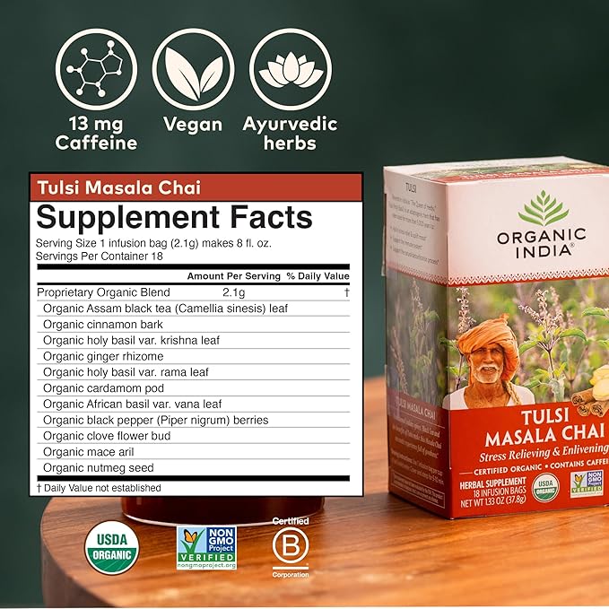 Organic India Tulsi Masala Chai Tea Bags - Holy Basil Black Tea Spices with Ginger Stress Relieving Immune Support USDA Certified Organic Antioxidant Caffeinated - 18 Infusion Bags 6 Pack