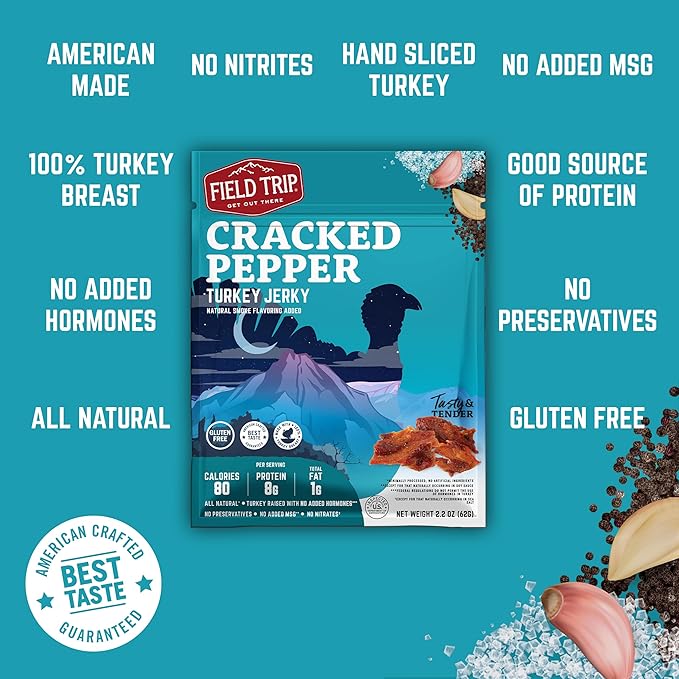 Field Trip Turkey Jerky Gluten Free Low Carb Healthy High Protein Snacks No Nitrates All Natural Ingredients Cracked Pepper 2.2oz Bags 4 Pack