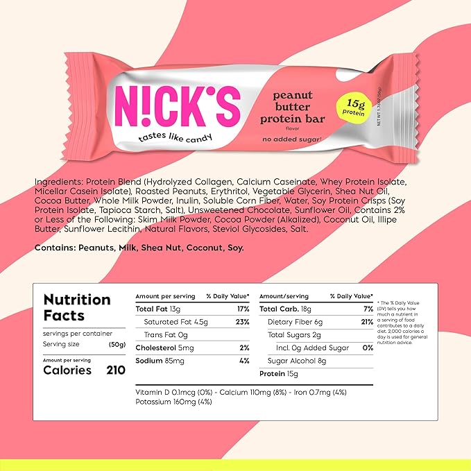 Nick’s Protein Bars Peanut Butter – 12-Count Box | High Protein Low Calories Low Carbs Keto Friendly No Added Sugar (12 bars x 50g)