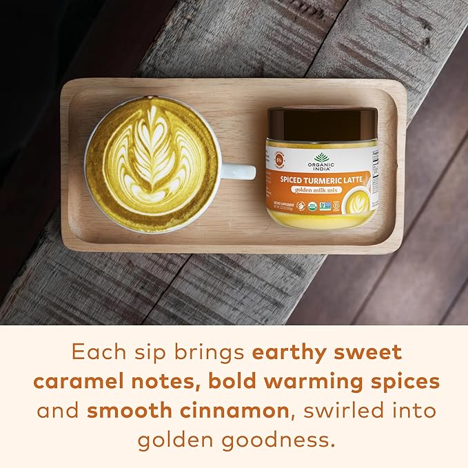Organic India Spiced Turmeric Latte Powder - Golden Milk Mix Authentic Blend Gold Tea Drink With Ginger and Cinnamon Vegan Ayurvedic Herbs Caffeine Free Zero Added Sugar - 3.52 Oz