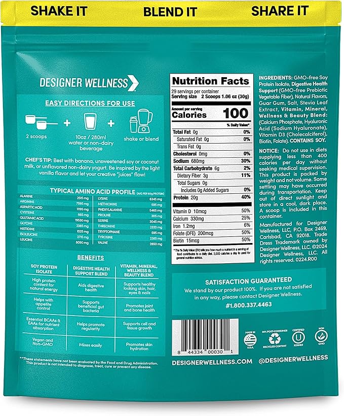 Designer Wellness Soy Isolate Protein Powder with Biotin Hyaluronic Acid and Prebiotics Vegan 0 Sugar Non-GMO Angel Cake Vanilla 1.87 lb