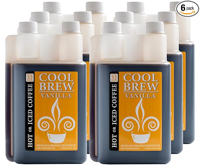 CoolBrew Vanilla 6 Pack - 32 DRINKS PER BOTTLE - Fresh Cold Brew Liquid Concentrate - For Iced or Hot Coffee Unsweetened No Preservatives