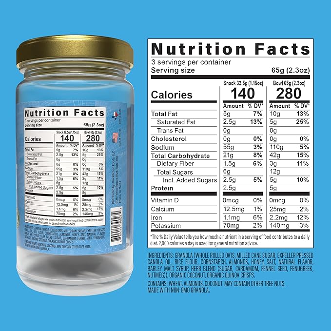 Kin Kitchen non-GMO Granola &amp Organic Quinoa Crisps in a Glass Jar Recyclable and Resusable. Made with Real Fruit. No Aritificial Colors Flavors or Perservatives. Made in USA with Globally Sour